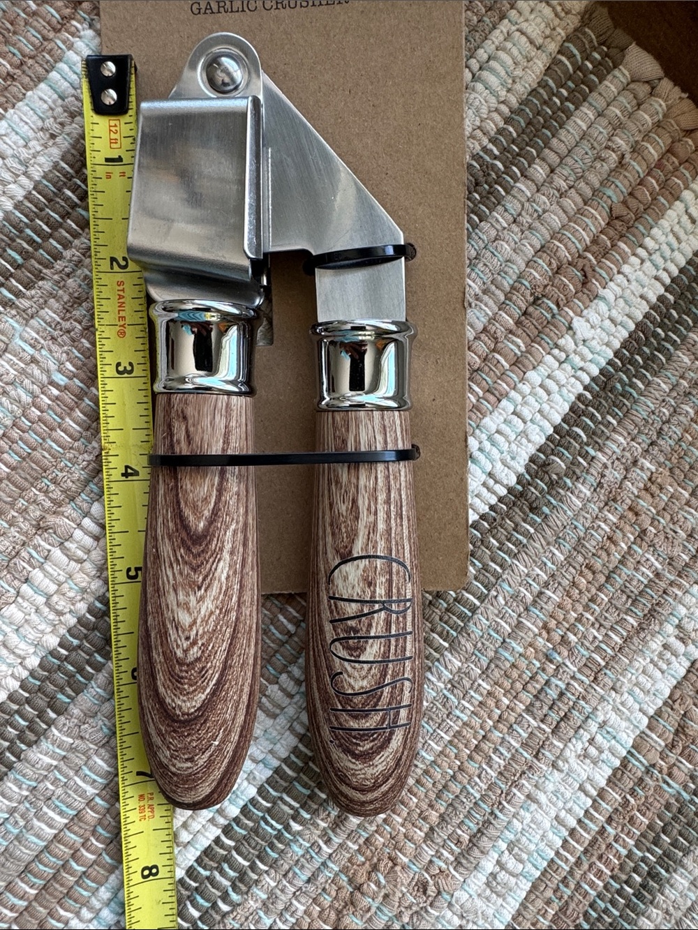 Rae Dunn Stainless Steel Garlic Crusher with Wood-Grain Handles - Picture 3 of 3
